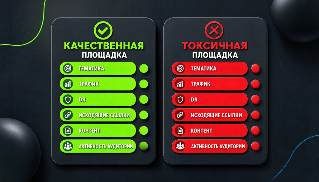 Сравнение качественного и токсичного донора для гостевого поста по шести критериям с зелеными и красными индикаторами
