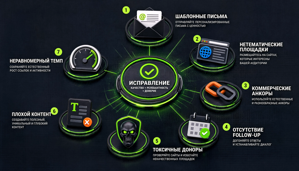 Инфографика: семь типичных ошибок при размещении ссылок и аутриче с краткими способами исправления &mdash; шаблонные письма, нетематические площадки, коммерческие анкоры, отсутствие follow-up, токсичные доноры, плохой контент, неравномерный темп.