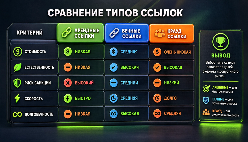 Сравнение арендных, вечных и крауд-ссылок по пяти критериям: стоимость, естественность, риск санкций, скорость, долговечность. Цветовая индикация помогает выбрать тип ссылок.