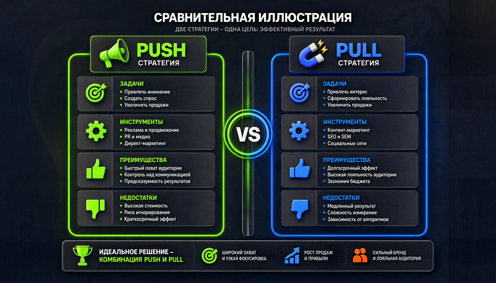 Сравнительная иллюстрация push и pull стратегий: задачи, инструменты, преимущества и недостатки, наглядно показывает разницу подходов и помогает выбрать подходящую стратегию.