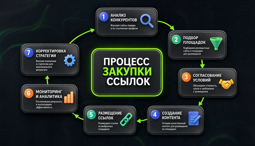 Схема пошагового процесса закупки ссылок от анализа конкурентов до корректировки стратегии. Семь этапов с подписями и стрелками.