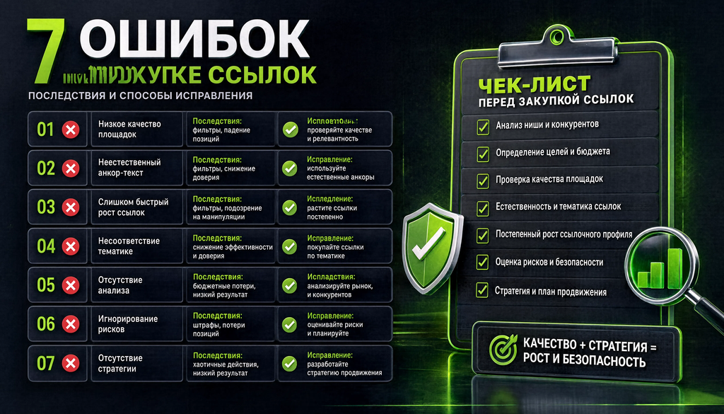 Инфографика: семь типичных ошибок при покупке ссылок, последствия и способы исправления. Чек-лист для самопроверки стратегии.