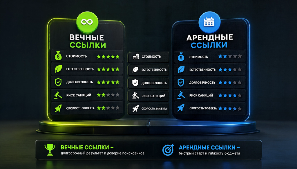 Сравнительная иллюстрация вечных и арендных ссылок по пяти критериям с цветовой индикацией преимуществ и недостатков