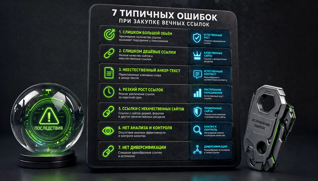Инфографика: семь типичных ошибок при закупке вечных ссылок, последствия и способы исправления. Чек-лист для самопроверки стратегии.