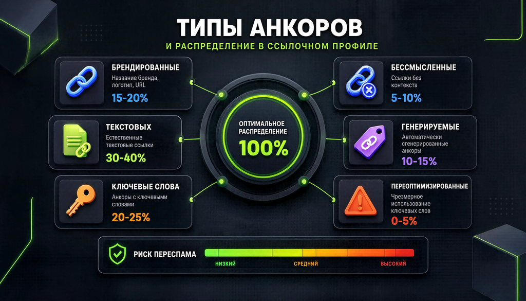 Инфографика с типами анкоров, примерами и рекомендованными долями в ссылочном профиле. Цветовая индикация показывает уровень риска переспама для каждого типа от зеленого (безопасно) до красного (требует осторожности).