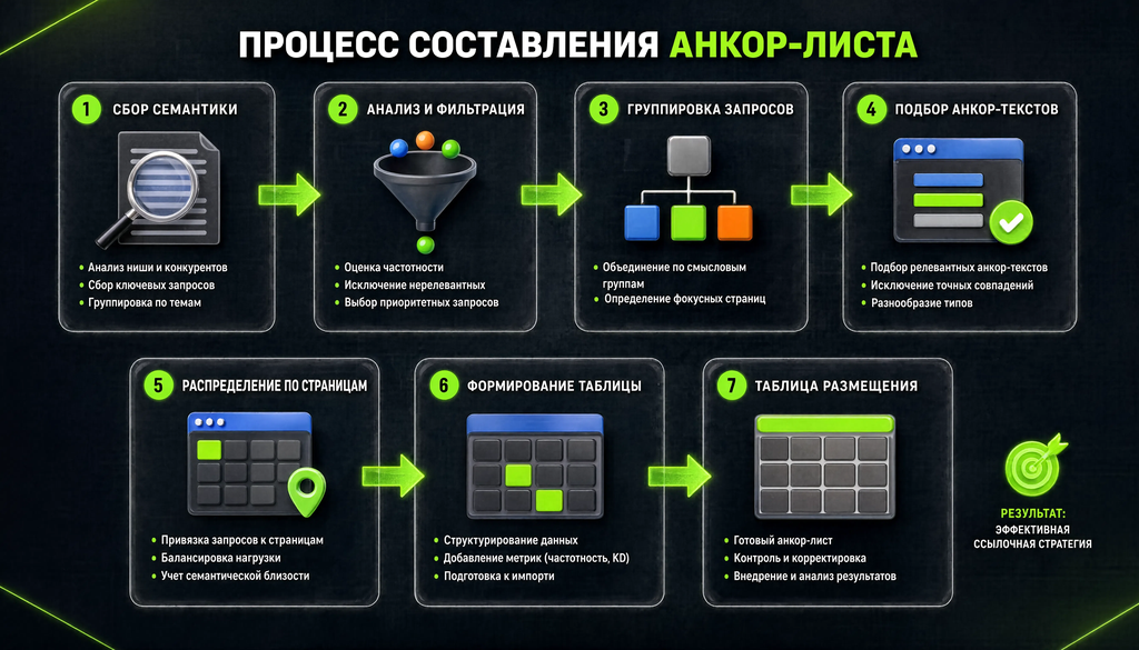 Пошаговый процесс составления анкор-листа от сбора семантики до таблицы размещения. Семь этапов.