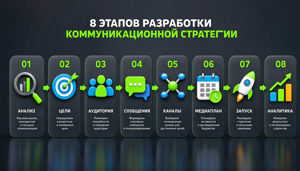 Инфографика 8 этапов разработки коммуникационной стратегии: от анализа до аналитики.