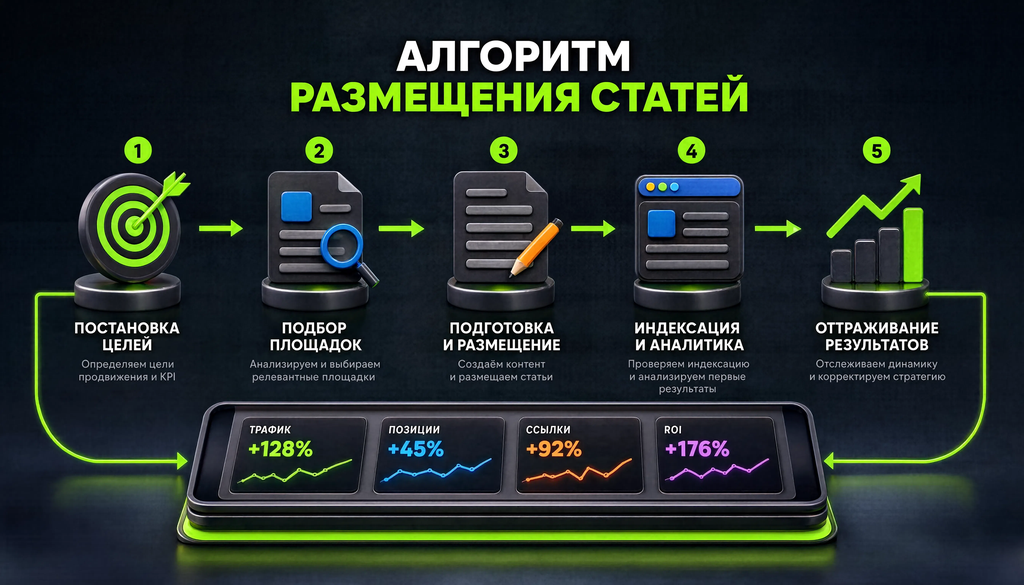 Пошаговый процесс размещения статей от постановки целей до отслеживания результатов. Визуальный алгоритм.