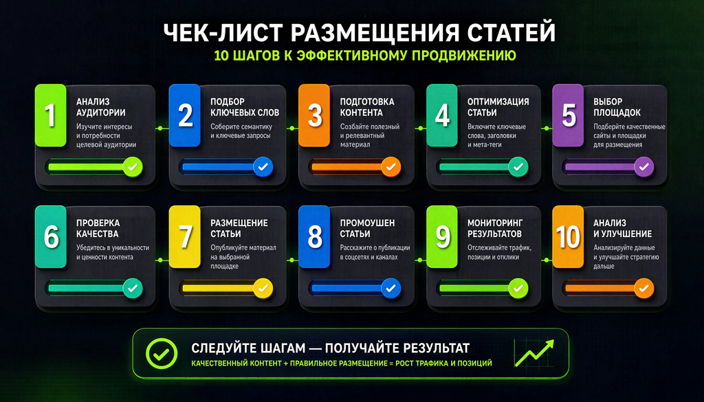 Инфографика: чек-лист размещения статей из 10 шагов с критериями выполнения