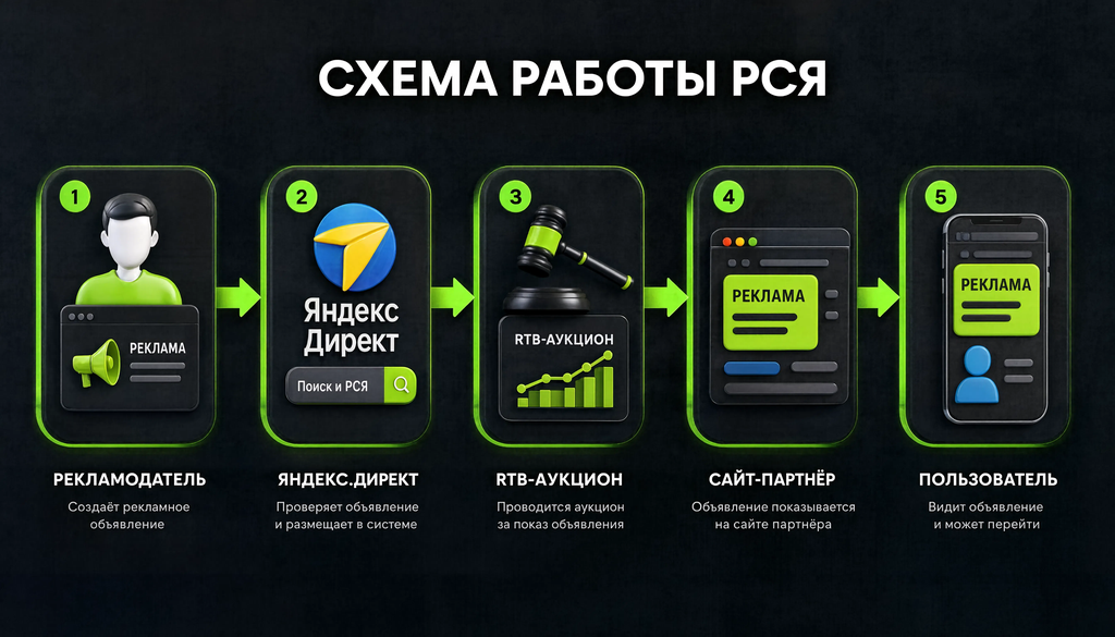 Схема работы РСЯ: рекламодатель &rarr; Яндекс.Директ &rarr; RTB-аукцион &rarr; сайт-партнёр &rarr; показ объявления пользователю