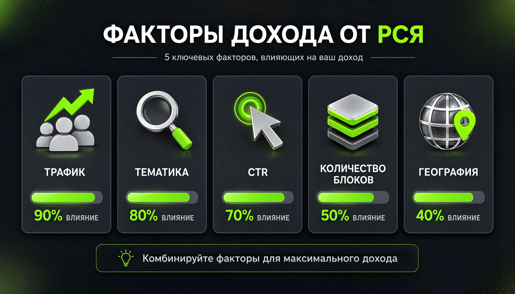 Инфографика факторов дохода от РСЯ: трафик, тематика, CTR, количество блоков, география со шкалой влияния
