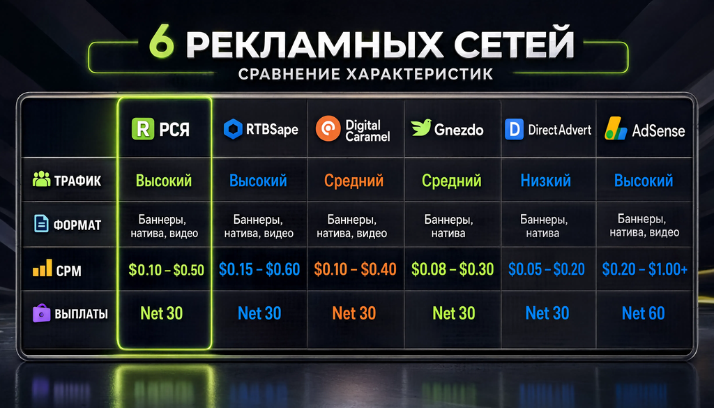 Сравнительная таблица рекламных сетей: РСЯ, RTBSape, Digital Caramel, Gnezdo, DirectAdvert, AdSense по трафику, формату, CPM и выплатам.