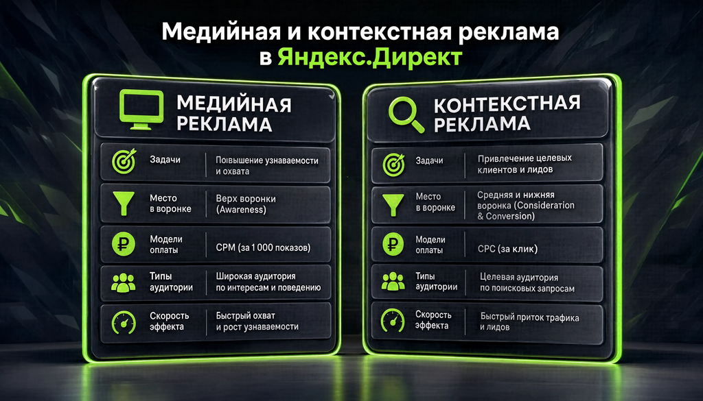 Сравнение медийной и контекстной рекламы в Яндекс.Директ: задачи, место в воронке, модели оплаты, типы аудитории и скорость эффекта