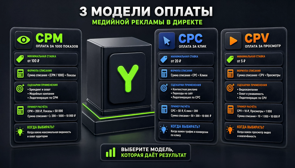 Инфографика моделей оплаты медийной рекламы в Яндекс.Директ: CPM, CPC, CPV с примерами расчета и рекомендациями