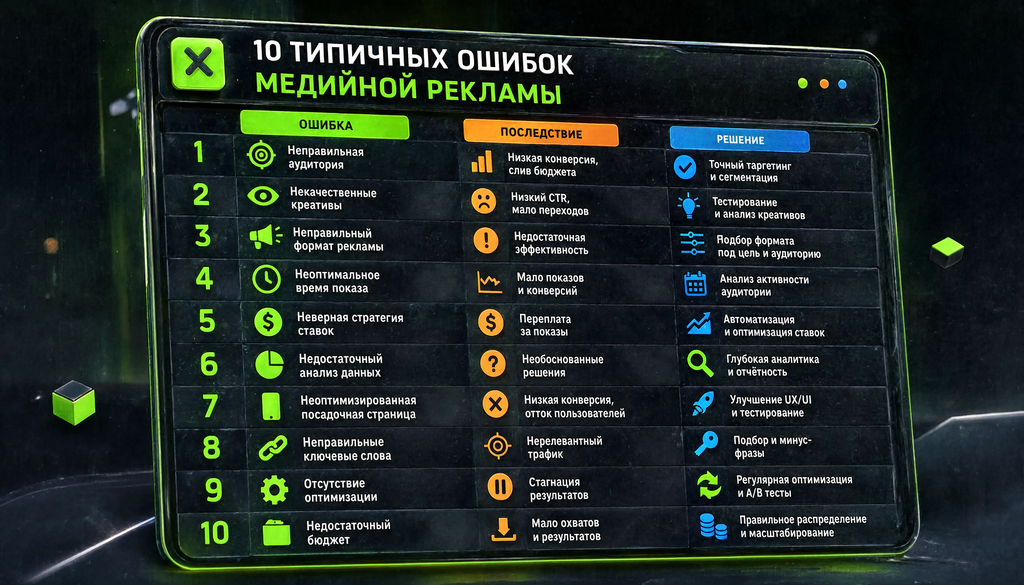 Чек-лист 10 типичных ошибок медийной рекламы &mdash; инфографика с иконками ошибок, последствий и решений