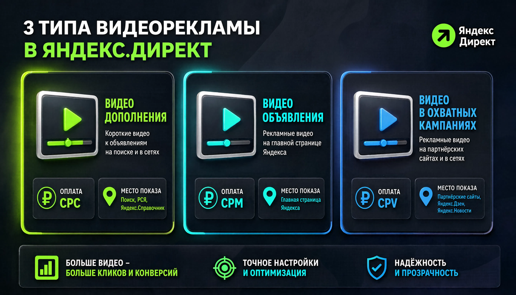Инфографика: три типа видеорекламы в Яндекс.Директ &mdash; видеодополнения, видеообъявления, видео в охватных кампаниях