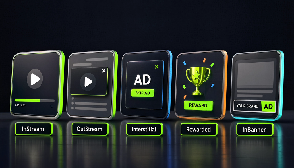 Схема пяти форматов видеорекламы: InStream, OutStream, Interstitial, Rewarded, InBanner с указанием места показа, возможности пропуска и условий засчета показа