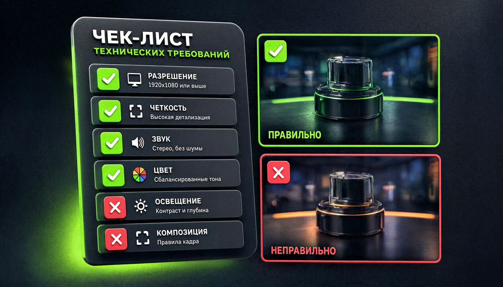 Чек-лист технических требований к видеоролику, инфографика с примерами правильного и неправильного ролика, зелёные галочки и красные крестики