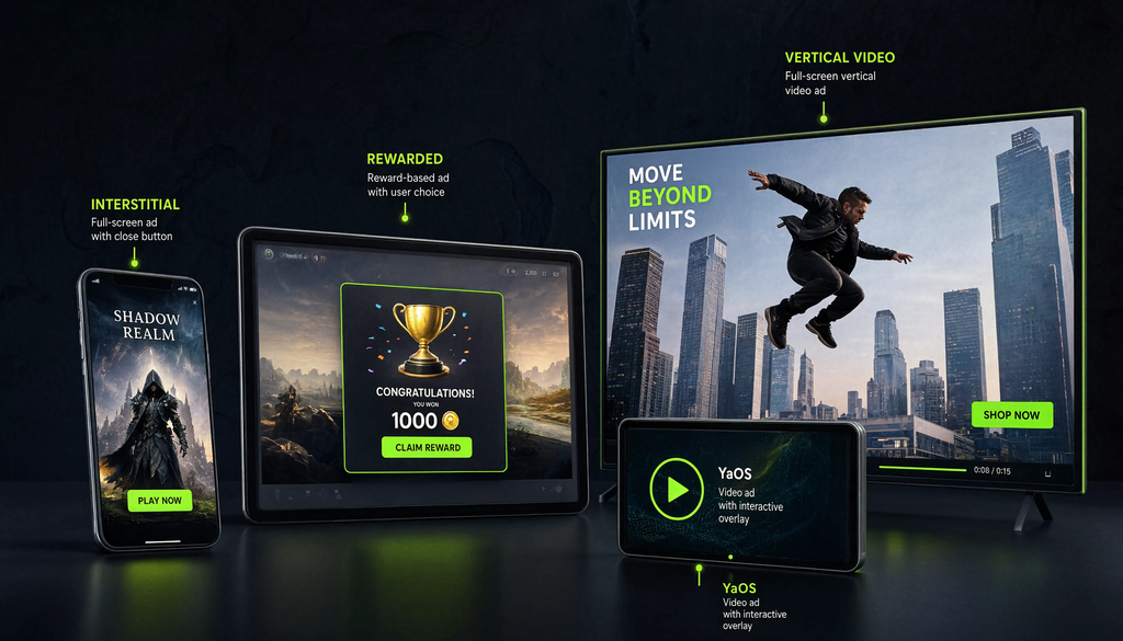 Примеры размещения видеорекламы на мобильных устройствах и Smart TV: Interstitial, Rewarded, вертикальное видео, YaOS.