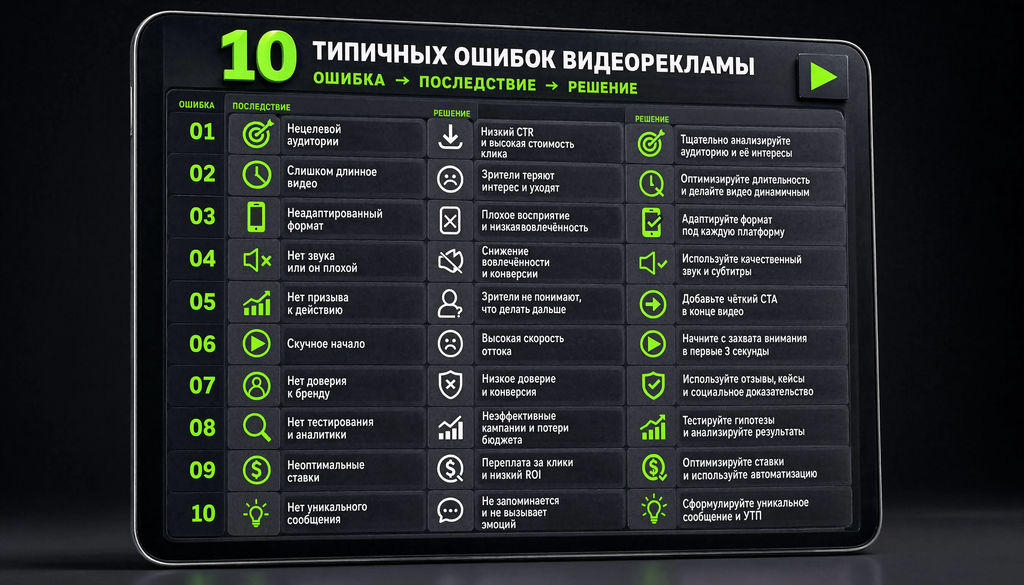 Чек-лист 10 типичных ошибок видеорекламы с иконками: ошибка, последствие, решение. Инфографика для проверки кампании перед запуском.