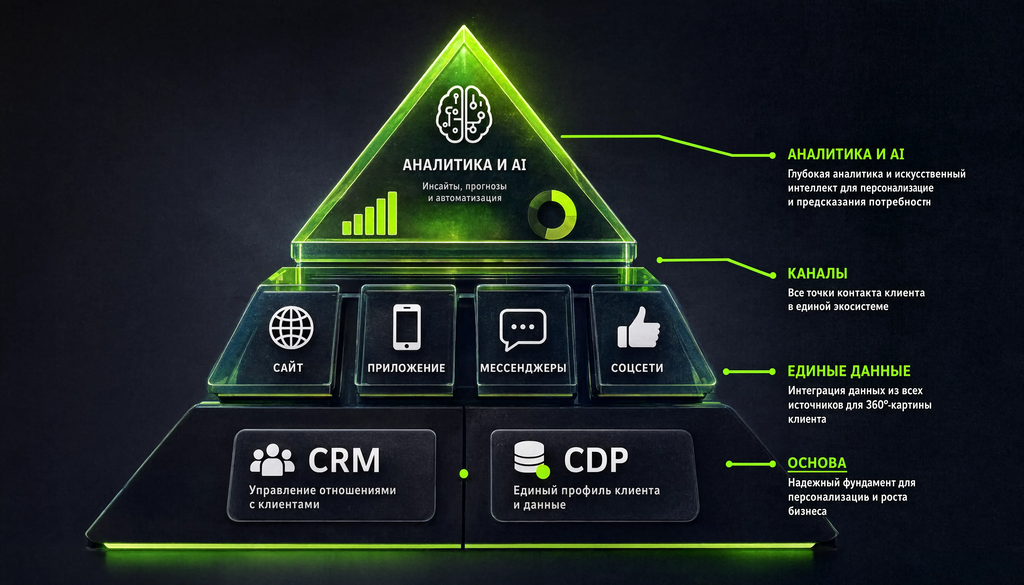 Инфографика: пирамида стека технологий для омниканальности с CRM/CDP в основе, каналами в середине и аналитикой с AI на вершине