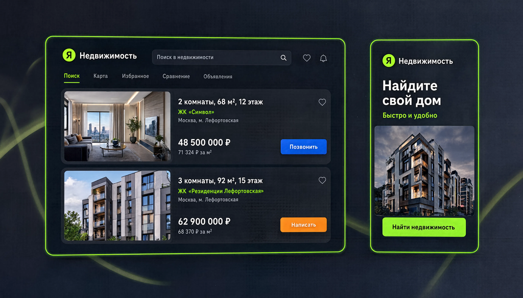 Примеры медийных форматов на Яндекс Недвижимости: двойной сниппет (100% &times; 250) и вертикальный баннер R1 (300 &times; 600) на десктопе