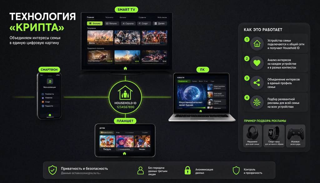 Схема работы технологии Крипта: домашняя сеть с устройствами Smart TV, смартфон, ПК, планшет, объединённые по IP-адресу под одним household id, связи между интересами и пример подбора рекламы для семейного таргетинга.