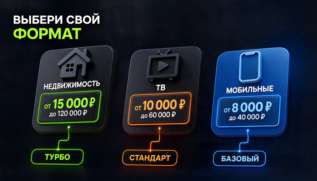 Инфографика с диапазонами стоимости рекламы на недвижимость, ТВ и мобильные поверхности, включая CPM и CPC, для оценки доступности