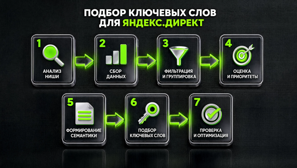 Пошаговая схема подбора ключевых слов для Яндекс.Директ: 7 этапов от анализа аудитории до запуска кампании с иконками и стрелками