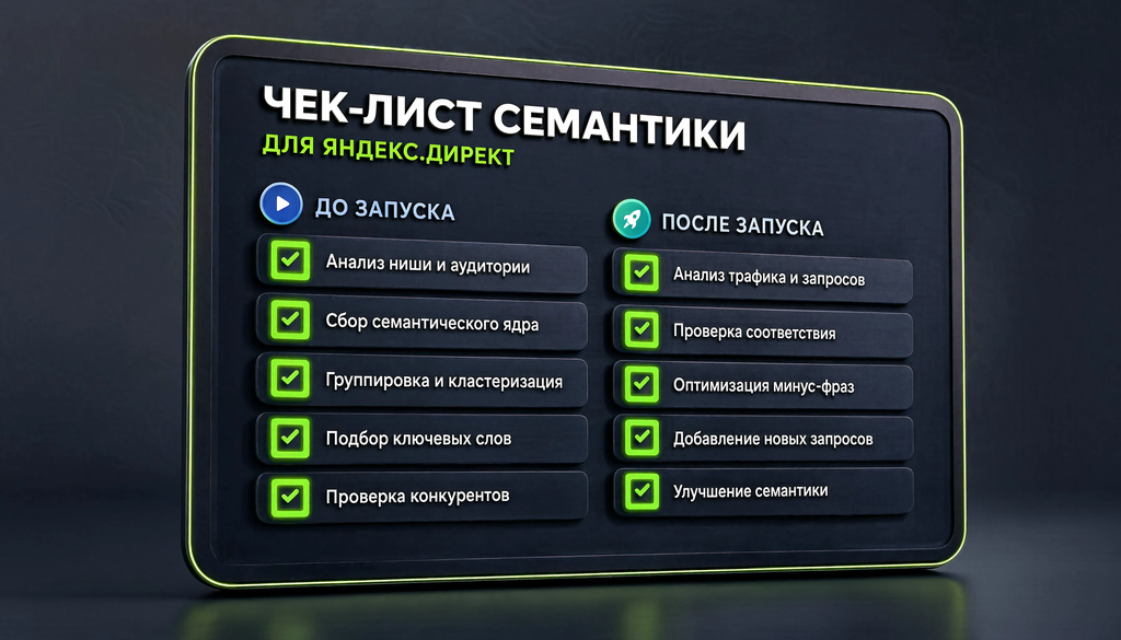 Чек-лист проверки семантики перед запуском рекламной кампании в Яндекс.Директ: 10 пунктов до запуска и 6 после запуска