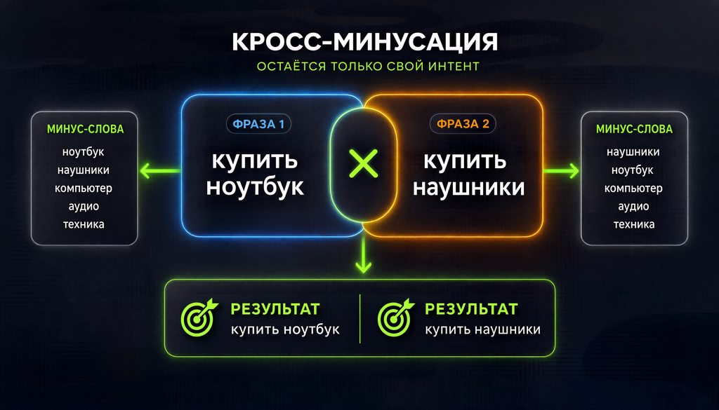 Принцип кросс-минусации на примере двух пересекающихся ключевых фраз